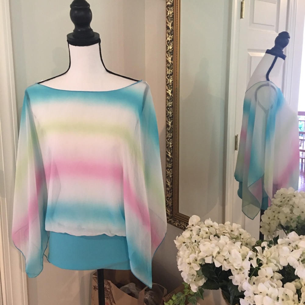 Rainbow sheer watercolor stripe tunic white